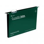 The image shows a pack of 25 green Crystalfile Extra suspension files by Rexel. Each file has a 50mm capacity and is designed for easy filing and retrieving of documents. The durable construction and sleek crystal design make it a functional and stylish addition to any office.