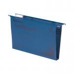 In the picture, there are 50 blue Crystalfile suspension files lined up neatly in a pack. Each file has a 30mm capacity and is from the Rexel Crystalfile Classic collection. The files are suspended and ready to be used for organizing documents.