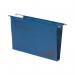 In the picture, there are 50 blue Crystalfile suspension files lined up neatly in a pack. Each file has a 30mm capacity and is from the Rexel Crystalfile Classic collection. The files are suspended and ready to be used for organizing documents.
