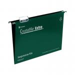 A photo of Crystalfile Suspension Filing would show a set of 25 green suspension files, each with a 15mm capacity, neatly organized and ready for use. The Rexel Crystalfile Extra features a durable and high-quality design that ensures reliable file storage for your important documents.