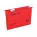 The picture shows a pack of 25 red Rexel Crystalfile Extra suspension files, each with a 15mm capacity. The files are made of crystal clear plastic and have a suspension hook for convenient hanging in a filing cabinet. The label tabs are easily visible and the overall design is sleek and professional.