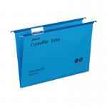 A pack of 25 blue suspension files, measuring 15mm, featuring the Crystalfile Suspension Filing system by Rexel. The files are neatly arranged and ready to be used for organizing important documents.