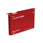 The picture shows a pack of 25 Crystalfile Suspension Filing Rexel Crystalfile Extra 30mm Suspension Files in the color red. The files are neatly organized and suspended, with clear labels visible on the tabs. The high-quality, sturdy material of the files can be seen, providing durability and longevity. The bright red color adds a pop of color to any filing system.