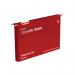 The picture shows a pack of 25 Crystalfile Suspension Filing Rexel Crystalfile Extra 30mm Suspension Files in the color red. The files are neatly organized and suspended, with clear labels visible on the tabs. The high-quality, sturdy material of the files can be seen, providing durability and longevity. The bright red color adds a pop of color to any filing system.