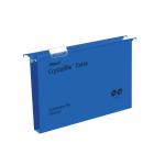 A photograph of Crystalfile Suspension Filing features blue suspension files made by Rexel in a pack of 25. The files are 30mm thick and have the brand name Crystalfile Extra printed on them. The files are suspended from a filing cabinet or storage unit and are visible through the clear plastic tabs on top. The files are neatly labeled and organized, ready for easy access and reference.