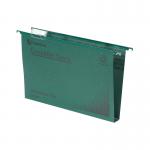 The photograph shows a stack of green Crystalfile suspension files from Rexel. Each file is 50mm thick and a total of 50 files are included in the pack. The files have a classic design and are suspended from a rail, making them perfect for organizing and storing important documents.