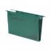 The photograph shows a stack of green Crystalfile suspension files from Rexel. Each file is 50mm thick and a total of 50 files are included in the pack. The files have a classic design and are suspended from a rail, making them perfect for organizing and storing important documents.