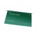 This photo captures a pack of 50 green Crystalfile Classic suspension files by Rexel. The A4 size and crystal-clear tabs make organizing and finding documents a breeze. Each file can hold up to 150 sheets, making it an ideal storage solution for your office.