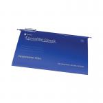 A clear image of a blue Crystalfile Suspension Filing system by Rexel. This pack includes 50 classic suspension files in Foolscap size. Perfect for organizing and storing important documents.