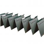 The photo shows a pack of 50 green suspension files by Rexel, designed for use with Crystalfile suspension filing systems. Each file is linked together for easy organization and storage of foolscap sized documents.