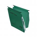 In the picture, there are 50 green Crystalfile lateral filing folders, each one 15mm thick. The folders are neatly organized and labeled with white labels on the tab. The white labels are easy to read against the dark green color of the folders. The folders are durable and have a classic design.