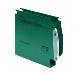 The picture shows a pack of 50 green Crystalfile Lateral Filing Rexel CrystalFile Classic 30mm Lateral Files. Each file has a smooth surface and a clear label holder for easy organization. The files are designed for lateral filing and have a maximum capacity of 30mm.