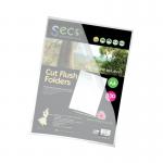 This photo features a pack of 100 SECO Cut Flush Files in Stewart Superior Eco Cut Flush Folder Clear. The files are neatly packed and organized, with a smooth and transparent finish.