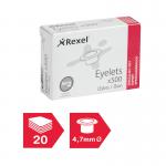 The picture shows a pack of 500 Rexel Eyelets, measuring 4.7mm x 4.2mm, from the Rexel Filing Accessories collection. These silver eyelets are bundled up neatly and ready to be used to secure your documents or create hanging displays.