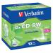 A pack of 10 Verbatim CD-RW discs with a capacity of 700MB, each capable of recording at a high speed of 8-12x. The discs are silver in color with the Verbatim logo printed on top. Each disc is neatly stacked on top of the other inside a clear plastic case.