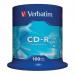 This photo shows a pack of 100 Verbatim CD-R Datalife Non-AZO discs, each with a capacity of 700MB and a recording speed of 52x. These discs are ideal for storing data, music, videos, and more.