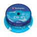This photo features a stack of Verbatim CD-Rs in a spindle, ready for use. Each CD can hold up to 80 minutes or 700MB of data, and has a non-printable surface. With a 52X speed, these CDs are ideal for data storage and quick file transfer. A 25-pack is included in the photo.