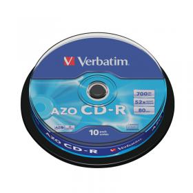 Verbatim CD-R Datalife Non-AZO 80minutes 700MB 52X Non-Printable Spindle (10 Pack) 43437 VM34375