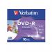The image shows a pack of Verbatim DVDs that are DVD+R format, with a capacity of 4.7GB and a recording speed of 16x. They have a printable surface for custom designs and come in a pack of 10. The Verbatim brand and product codes are visible on the packaging.
