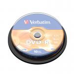 The picture shows a stack of 10 Verbatim DVD-R discs on a silver spindle, each branded with the Verbatim logo and labeled as 16x speed. The discs have a shiny finish and are neatly stacked, ready for use.