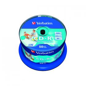 Verbatim CD-R AZO 52x 700MB Wide Inkjet Printable Spindle (Pack of 50) 43438 VM43438