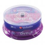 The picture shows a spindle of Verbatim DVDs. The label reads Verbatim DVD+R 16x 4.7GB Spindle of 25. The DVDs are neatly stacked in a circular formation. The packaging is sleek and professional with the Verbatim logo prominently displayed.