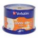 This picture features a spindle of Verbatim DVDs labeled as DVD-R. The package contains 50 discs that have a capacity of 4.7GB each. The spindle has a 4x speed label, indicating its burning speed.