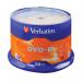 The photo shows a spindle of 50 Verbatim 4.7GB DVD-R discs, each with 16x writing speed. They are arranged neatly in a stack, with the brand name Verbatim visible on the label. The discs are a shiny silver color and have a standard size and shape.