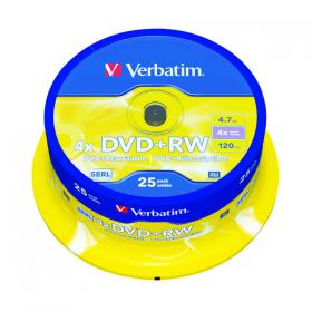 Verbatim DVD+RW Spindle 4x 4.7GB (Pack of 25) 43489 VM83324