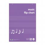 The image shows a large A1 size flipchart pad from Rhino Stationery, specifically designed for music education. It features 30 detachable leafs, with 5 music staves on each page and a plain reverse for additional notes. The pad is sturdy and professional, perfect for music lesson planning and teaching.