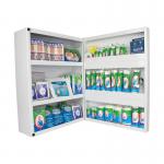 In the photo, a Wallace Cameron First Aid Metal Cabinet can be seen with a maximum capacity of 50 people. It has a sleek chrome finish and a handle for easy transportation. Inside, the cabinet is fully stocked with various medical supplies and equipment to aid in any emergency.