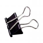 The photograph captures a group of sleek, black foldback clips, neatly lined up in a pack of 100. Each clip measures 19mm, with no branding visible, creating a versatile and minimalistic look. The matte finish adds a touch of sophistication to these practical office supplies.