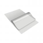 The photo shows a stack of 100 unbranded laminating pouches for A3 size paper. Each pouch is lightweight and has a thickness of 80 microns. The pouches are neatly stacked and labeled with a product number.