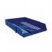 In the photo, a pack of 12 unbranded blue plastic letter trays are shown. The trays are stacked neatly on top of each other, with the top tray slightly angled to reveal the bottom tray. Each tray has a smooth surface and is spacious enough to hold standard sized letters, papers, or documents. The color blue gives off a professional and clean appearance.