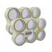 The photograph features a pack of 12 clear unbranded sticky tapes, each measuring 24mm in width and 66m in length. The tapes are neatly arranged in a row with their silver-colored dispensers visible on top. The background is a plain white, showcasing the simplicity and functionality of the product.