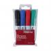 The photo shows four unbranded whiteboard pens in assorted colors, with bullet tips. They are neatly lined up on a white surface, ready to be used for writing on a whiteboard. The sleek and simple design of the pens is perfect for any office or classroom setting.