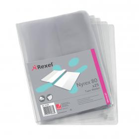Rexel Nyrex Premium Twin A4 Document Folders, Glass Clear, 100mic, L-Folder, Pack of 25 12195