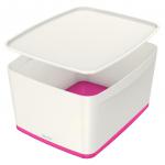 Leitz MyBox WOW Large with lid, Storage Box 18 litre, W 318 x H 198 x D 385 mm. White/pink - Outer carton of 4 52161023