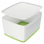 Leitz MyBox WOW Large with lid, Storage Box. 18 litre, W 318 x H 198 x D 385 mm. White/green - Outer carton of 4 52161054
