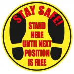 SECO yellow heavy duty laminated floor stickers stay safe stand here 300mm dia pack of 2